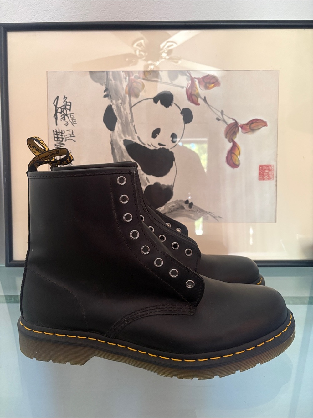 Dr. Martens Mens Black Leather 8-Eyelet Boots with Yellow Stitching